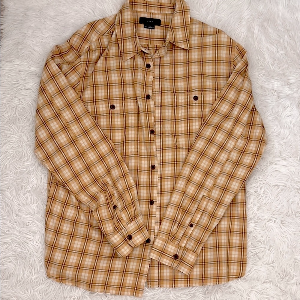 Cotton On Flannel Shirt Orange Tan Plaid Long Sleeve Button Down